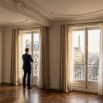 Man in elegant Haussmannian apartment, high ceilings, parquet floor, looking out French windows at Eiffel Tower and Paris street.