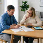 Man and woman reviewing property deed, financial statement, and charts for real estate planning at a wooden table.