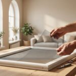 Hands fit dark mesh into a white screen frame on a table, with sunlit arched windows in a bright, modern room.