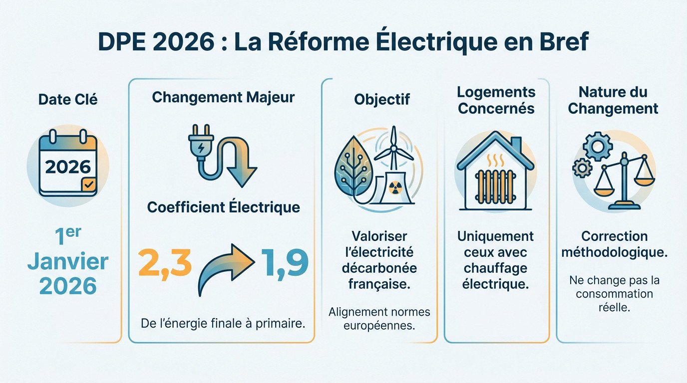 Infographie résumant la réforme DPE 2026 et le nouveau coefficient électrique