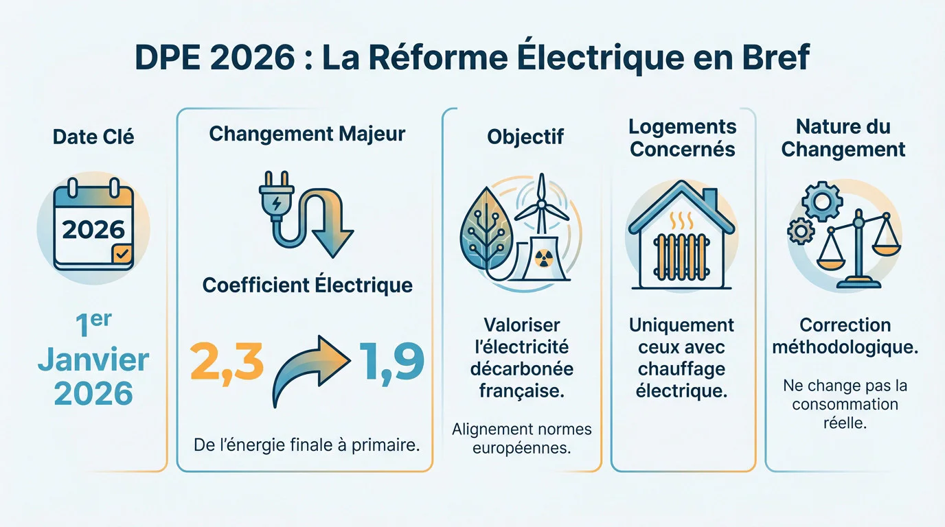 Infographie résumant la réforme DPE 2026 et le nouveau coefficient électrique
