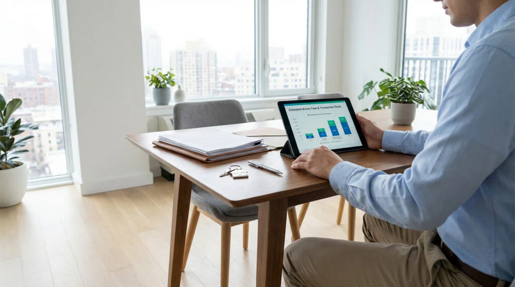 Pessoa visualiza taxas notariais em tablet numa mesa de madeira moderna com documentos e chaves, em apartamento.