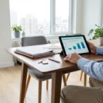 Pessoa visualiza taxas notariais em tablet numa mesa de madeira moderna com documentos e chaves, em apartamento.