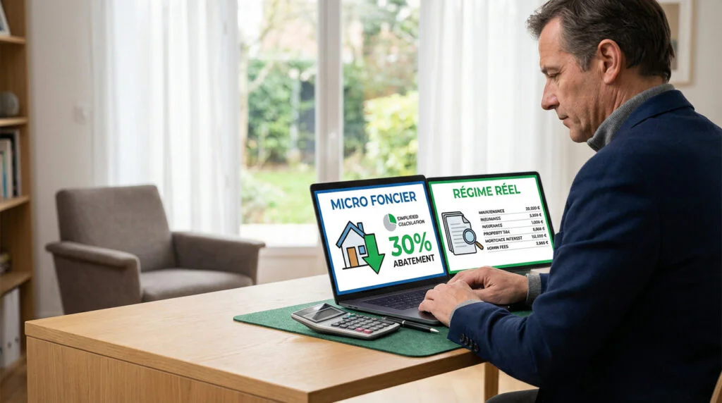 Thoughtful man at desk comparing 'Micro Foncier' (30% abatement) and 'Régime Réel' (detailed expenses) on laptop.