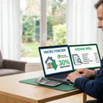 Thoughtful man at desk comparing 'Micro Foncier' (30% abatement) and 'Régime Réel' (detailed expenses) on laptop.