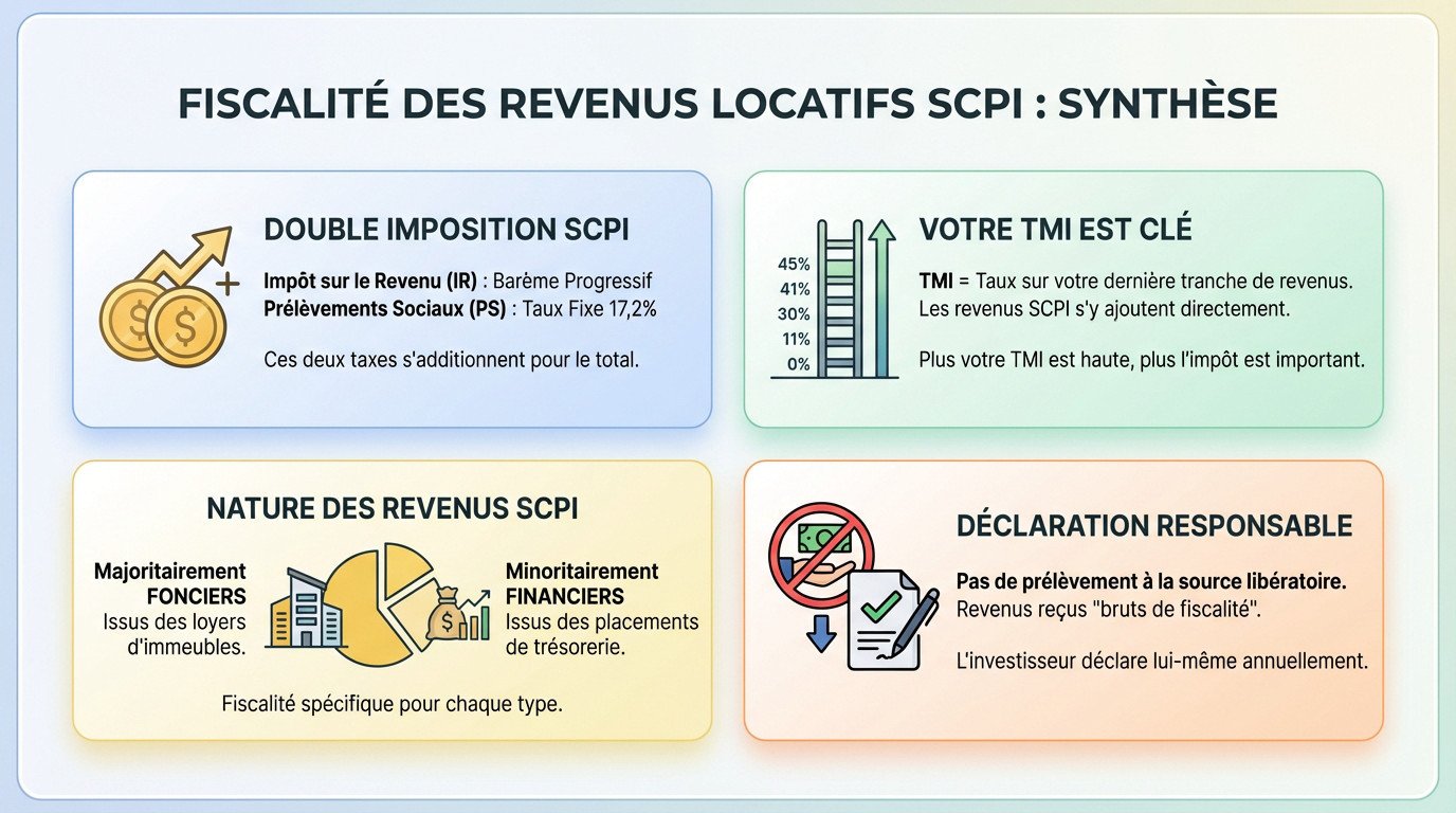 Schéma de synthèse sur la fiscalité des revenus locatifs en SCPI et l'impact de la TMI
