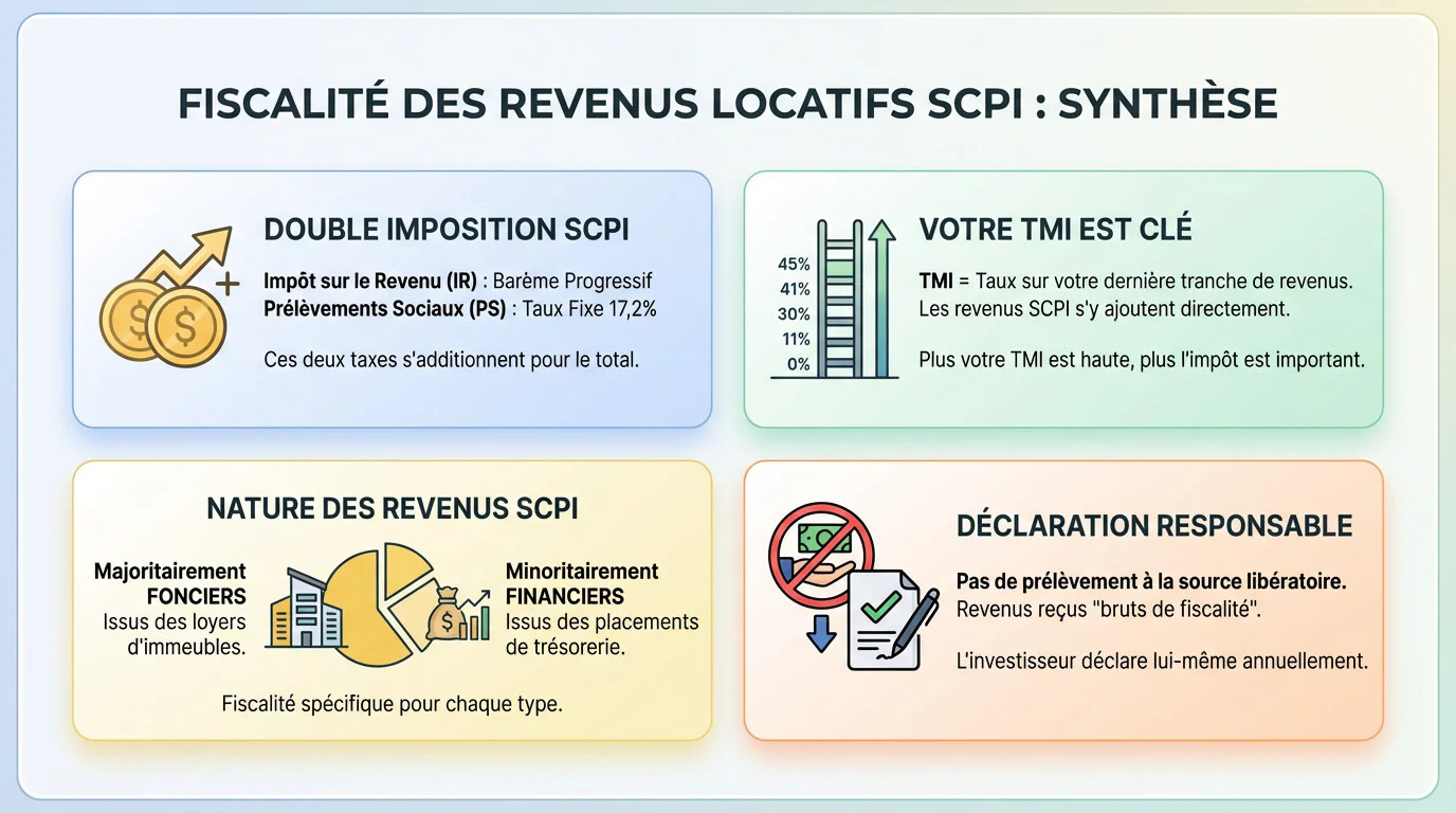 Schéma de synthèse sur la fiscalité des revenus locatifs en SCPI et l'impact de la TMI