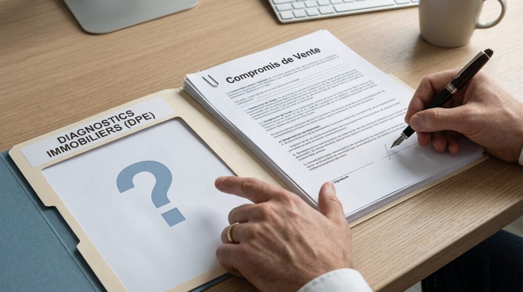 Gros plan sur des mains signant un Compromis de Vente. Une main pointe vers un dossier vide 'Diagnostics Immobiliers (DPE)' avec un point d'interrogation.