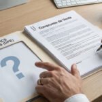 Gros plan sur des mains signant un Compromis de Vente. Une main pointe vers un dossier vide 'Diagnostics Immobiliers (DPE)' avec un point d'interrogation.