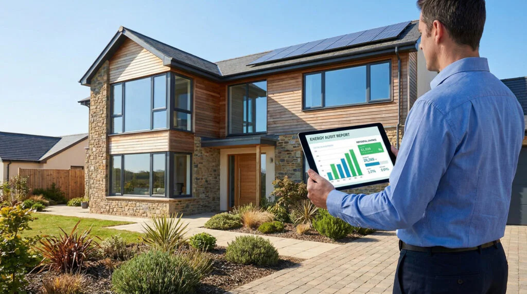 Person reviewing an energy audit report on a tablet outside a modern house with solar panels, new windows, and a renovated facade. Bright, clear day.