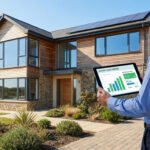 Person reviewing an energy audit report on a tablet outside a modern house with solar panels, new windows, and a renovated facade. Bright, clear day.