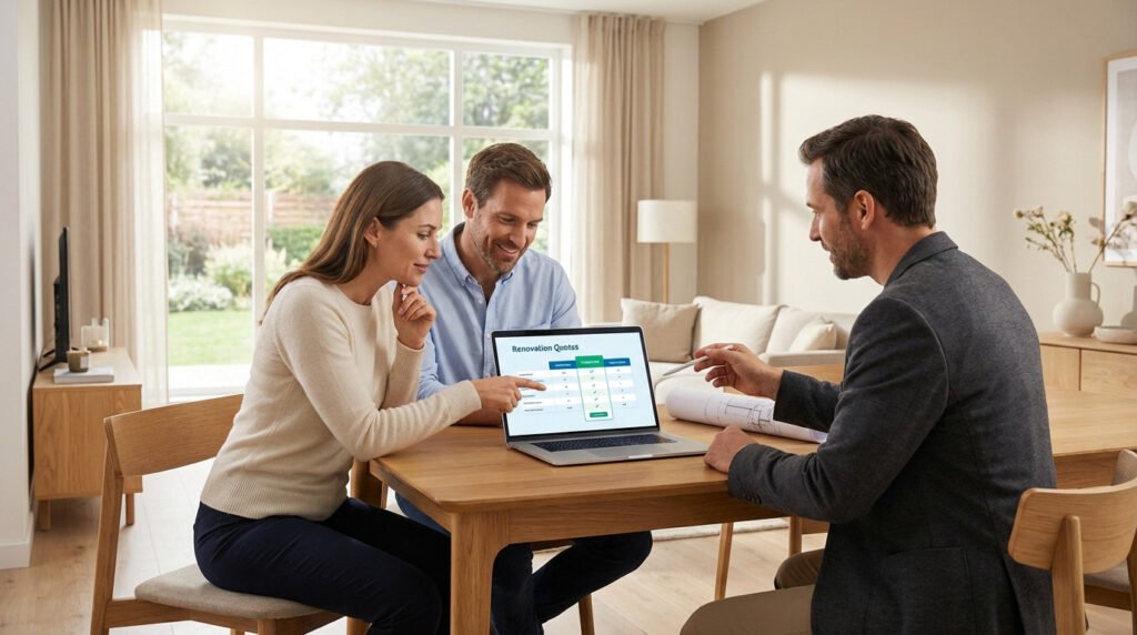 A couple and an advisor review renovation quotes on a laptop in a bright, modern home. The woman points at the screen, the man smiles, and the advisor explains.