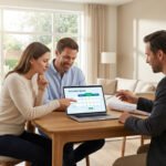 A couple and an advisor review renovation quotes on a laptop in a bright, modern home. The woman points at the screen, the man smiles, and the advisor explains.