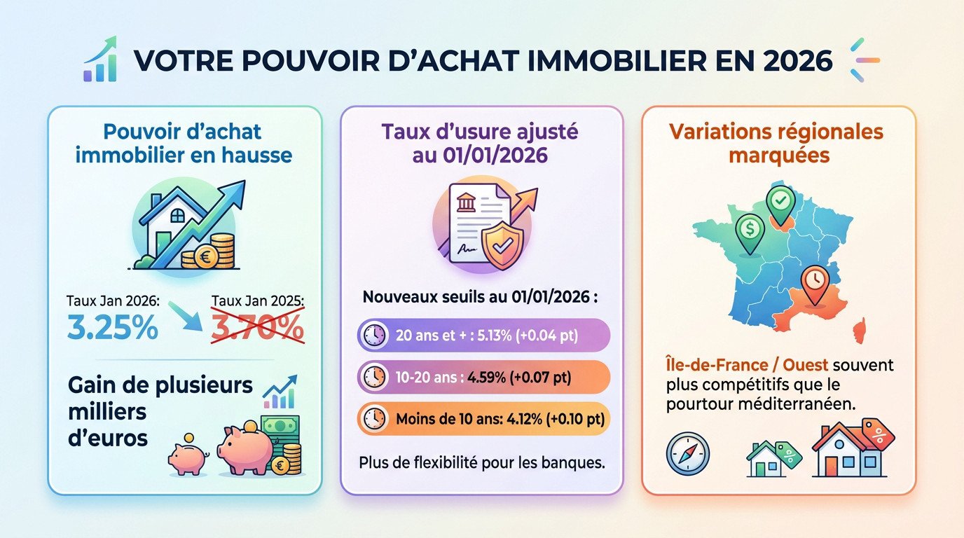 Graphique illustrant l'évolution du pouvoir d'achat immobilier et des taux d'usure en janvier 2026