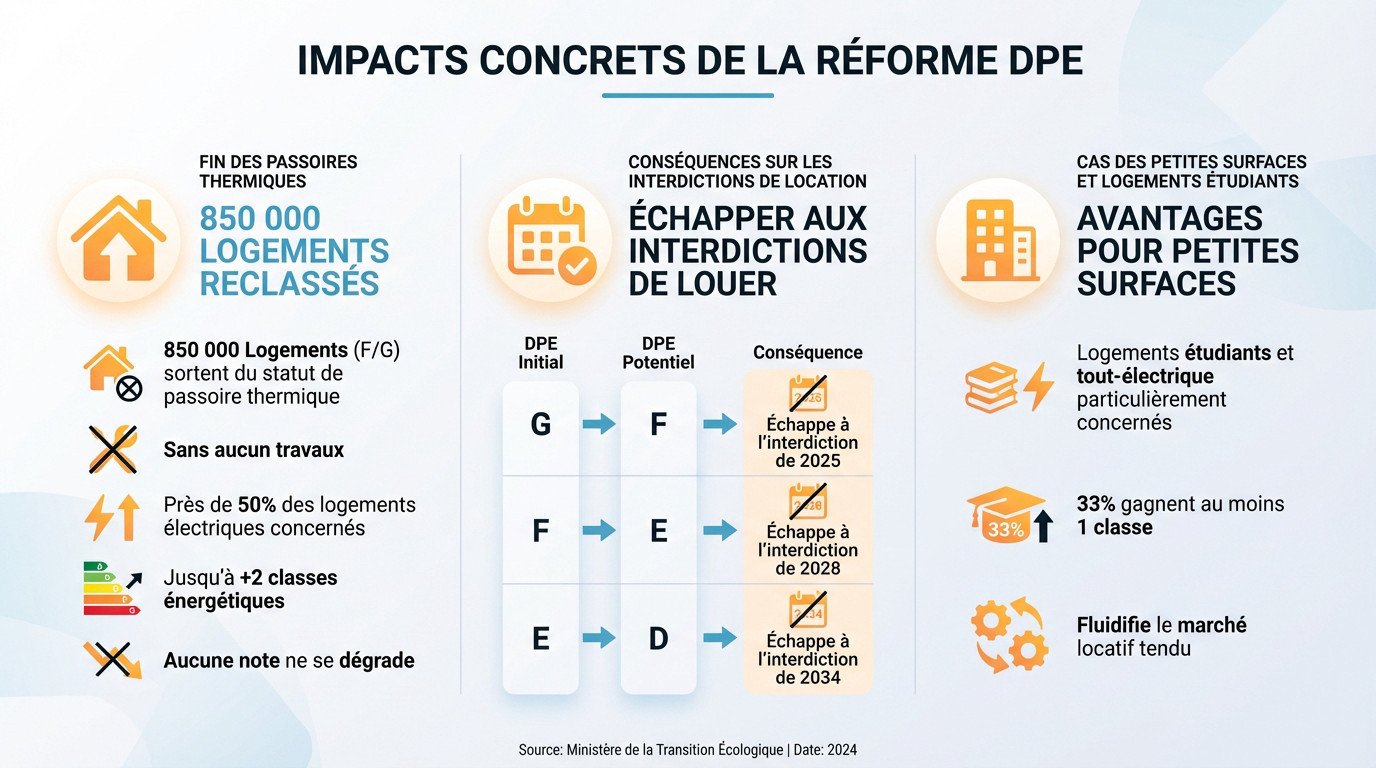Graphique illustrant l'impact de la réforme DPE 2026 sur le reclassement des passoires thermiques