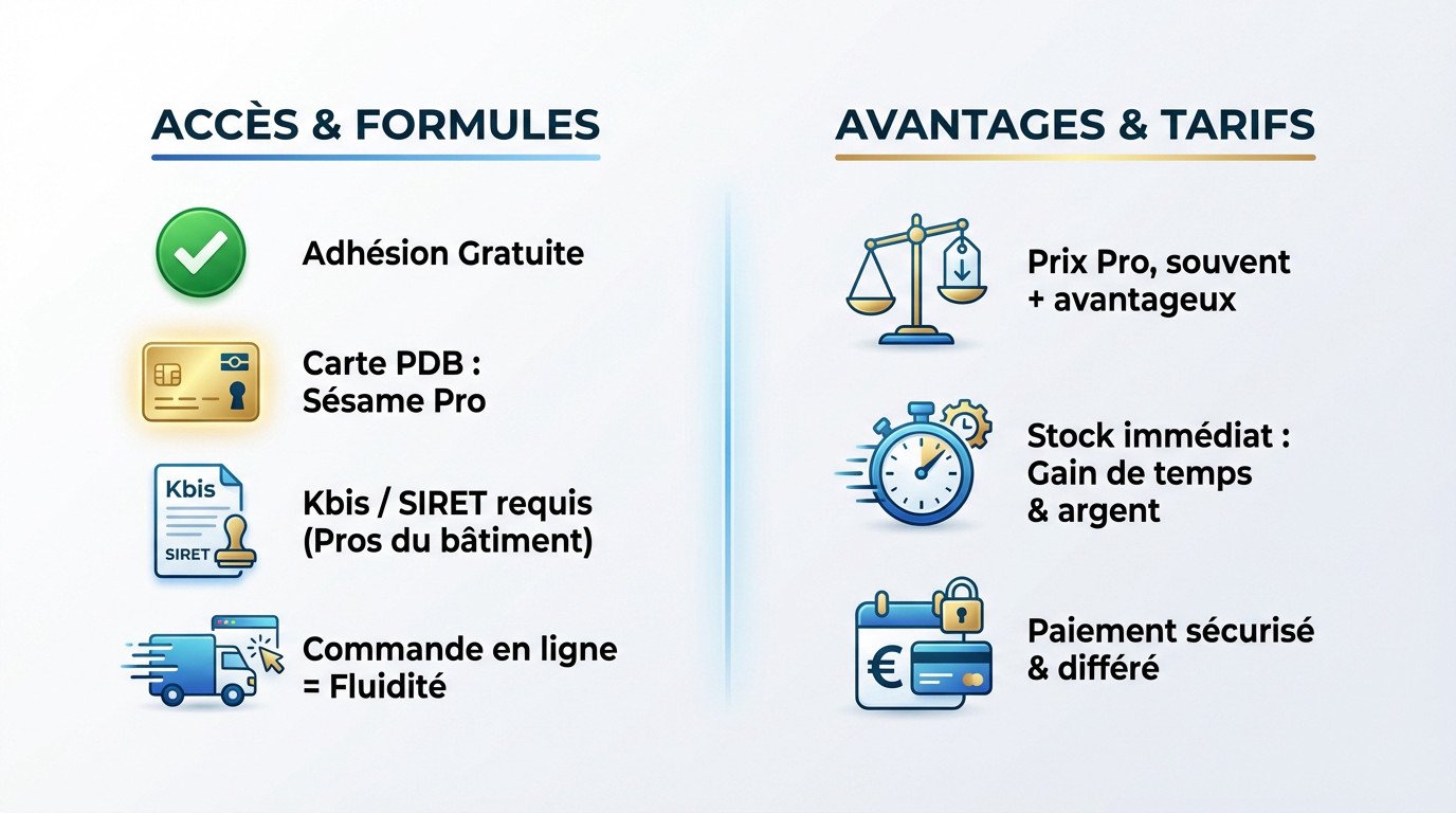 Infographie détaillant l'accès exclusif et les avantages pour les professionnels à La Plateforme du Bâtiment