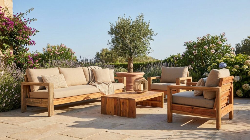 A luxurious wooden outdoor lounge set with neutral cushions on a sun-drenched stone patio, surrounded by lush garden and flowers.