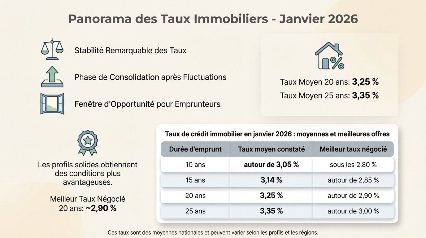 Graphique illustrant le panorama des taux immobiliers moyens et négociés en janvier 2026