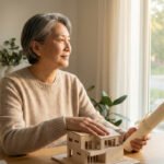 Mature woman in a bright room, hand on a house model, holding a rolled document, looking confidently out a window.