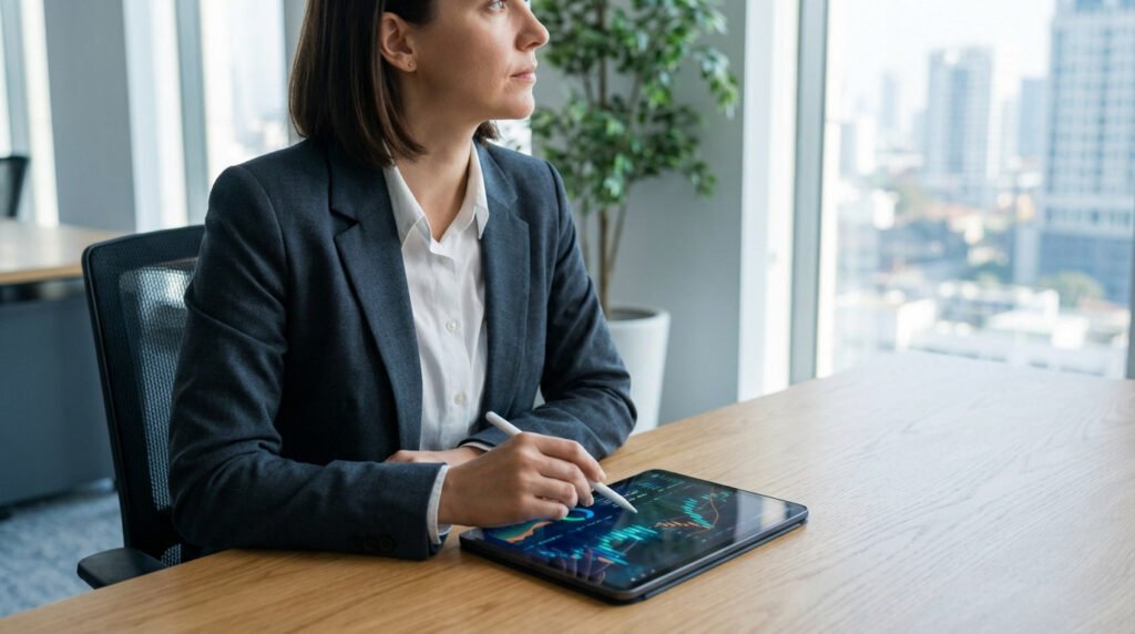 Professional in grey blazer analyzing financial graphs on a tablet at a modern wooden desk, with a blurred city view background.