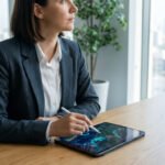 Professional in grey blazer analyzing financial graphs on a tablet at a modern wooden desk, with a blurred city view background.