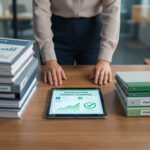 A person's hands rest on a desk between a large stack of real estate reports and a smaller stack of cost reduction reports. A tablet shows "Optimization Savings Achieved" with a graph and checkmark.