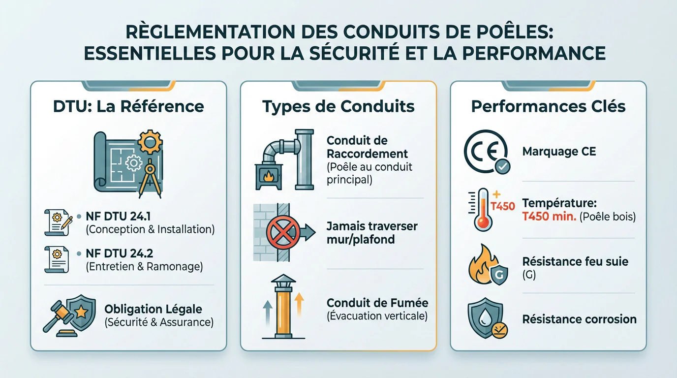 Schéma technique illustrant les normes de sécurité et distances pour conduit de poêle à bois