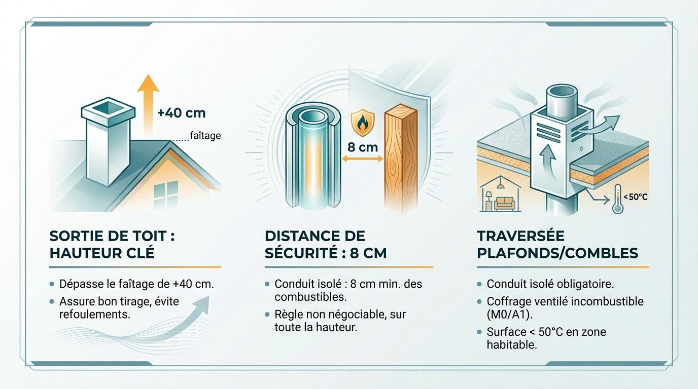 Schéma technique montrant le dépassement de faîtage de 40 cm et les distances de sécurité