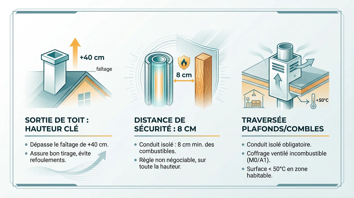 Schéma technique montrant le dépassement de faîtage de 40 cm et les distances de sécurité