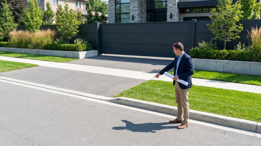 Man in smart casual attire points to the ground, showing a modern dark grey gate's setback from a public road and sidewalk, with lush landscaping.