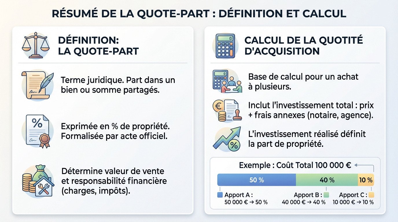Schéma explicatif de la quote-part et de son calcul en copropriété et indivision