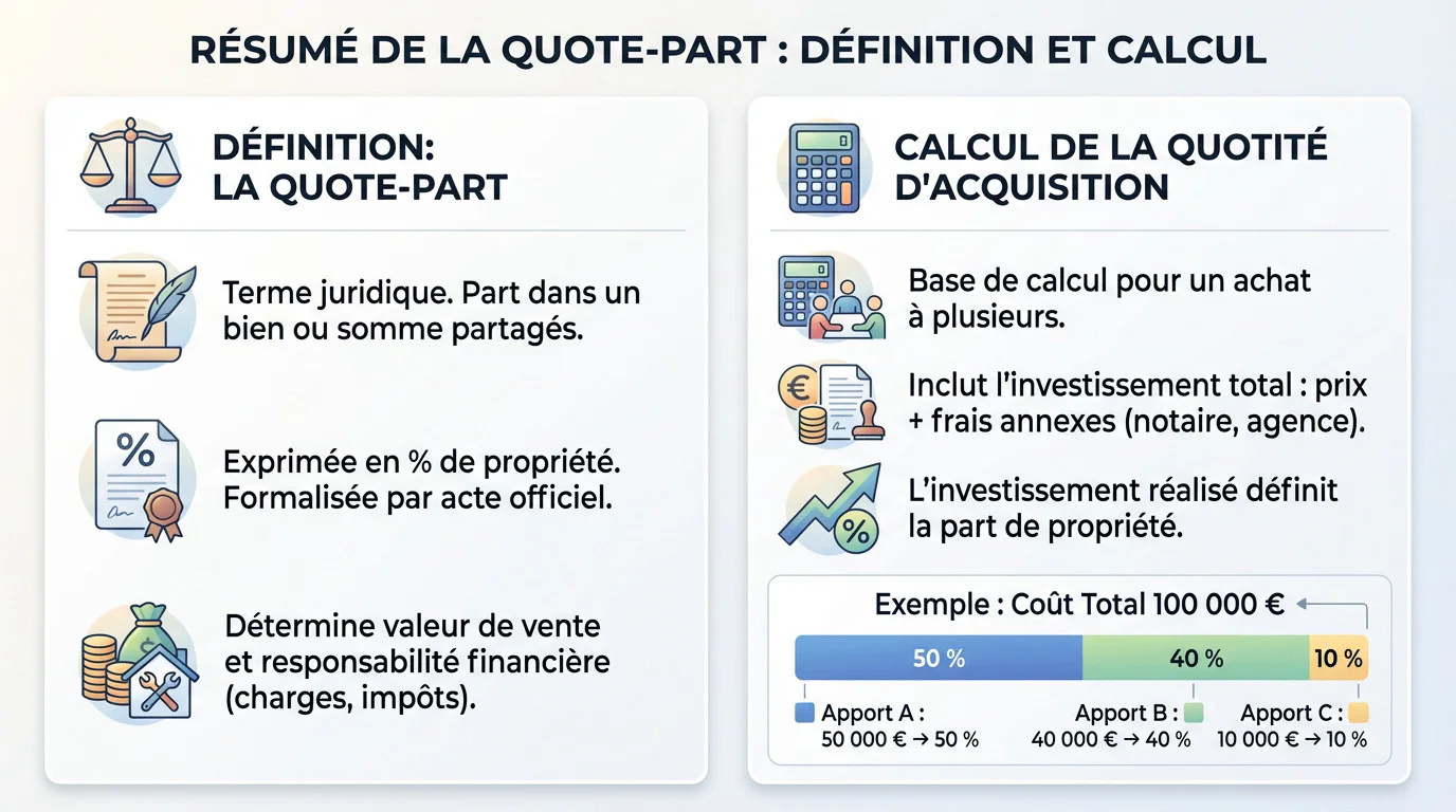 Schéma explicatif de la quote-part et de son calcul en copropriété et indivision