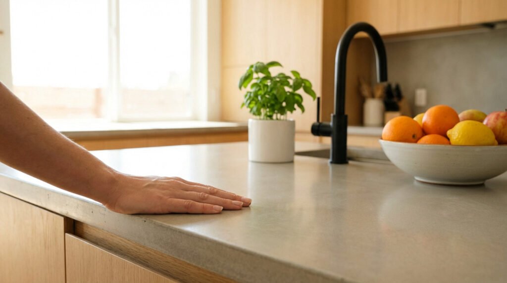 Une main humaine effleure délicatement un plan de travail de cuisine moderne gris clair, sur lequel se trouvent un pot de basilic, un robinet noir et une corbeille de fruits, sous la lumière naturelle.