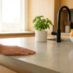 Une main humaine effleure délicatement un plan de travail de cuisine moderne gris clair, sur lequel se trouvent un pot de basilic, un robinet noir et une corbeille de fruits, sous la lumière naturelle.