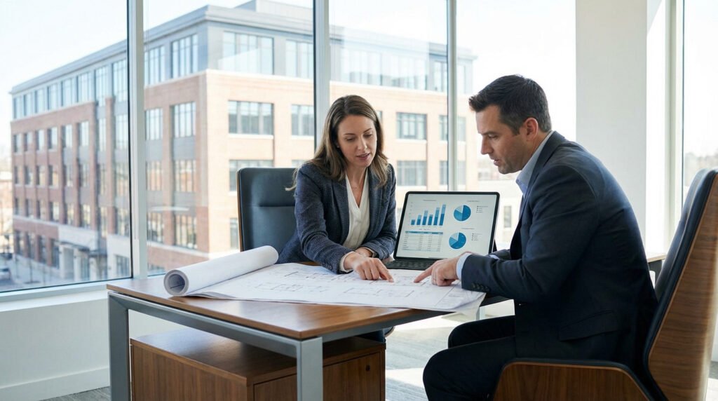 Two professionals in a modern office, reviewing architectural blueprints and financial charts on a tablet, with a building visible outside.