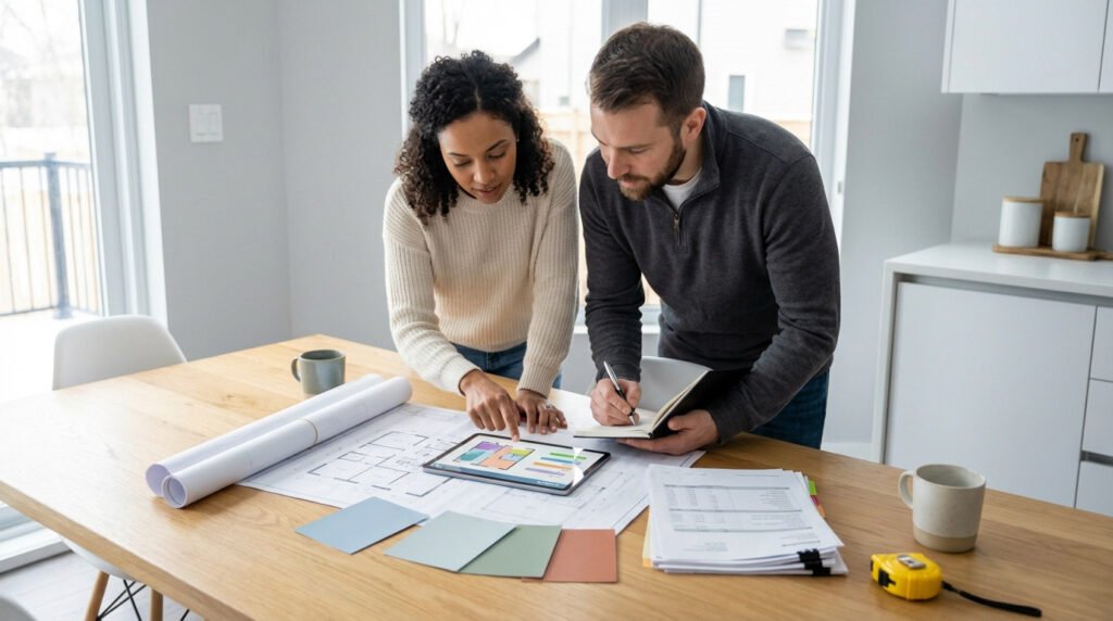 Diverse couple planning home renovation. Woman points at tablet displaying floor plan, man writes. Blueprints, paint swatches, documents on table.