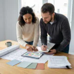 Diverse couple planning home renovation. Woman points at tablet displaying floor plan, man writes. Blueprints, paint swatches, documents on table.