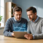 Two men, 30s-40s, in business casual, view a tablet with a stable line graph and house icon in a bright home office.
