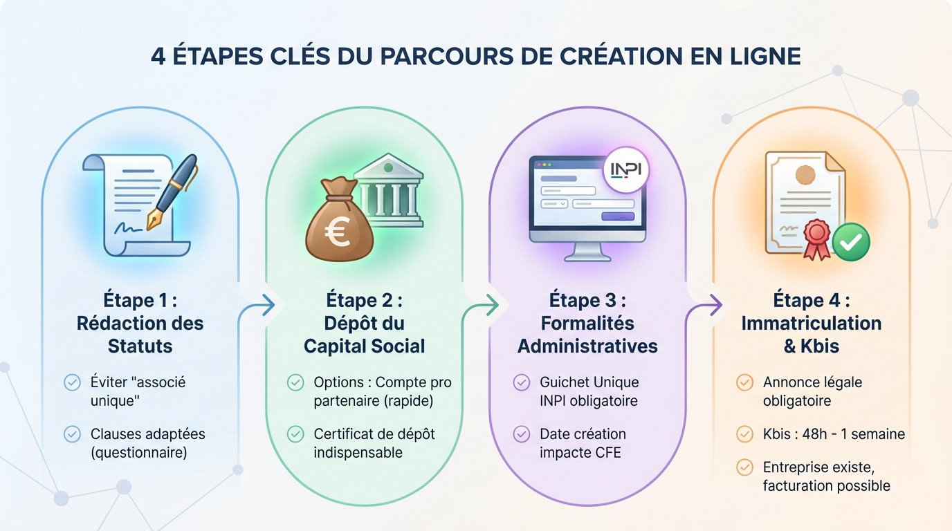 Schéma des 4 étapes de création d'une SASU en ligne avec Legalstart