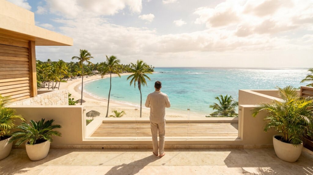 Person on modern terrace overlooking a pristine white sand beach, lush palm trees, and turquoise Caribbean Sea under a bright sky.