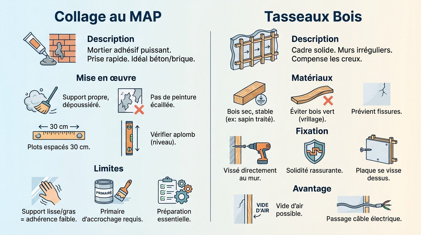 Comparaison technique entre collage au MAP et ossature bois pour coffrage placo