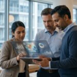 Trois professionnels consultent des données sur tablette transparente. Ils analysent des chiffres pour le choix d'un syndic.