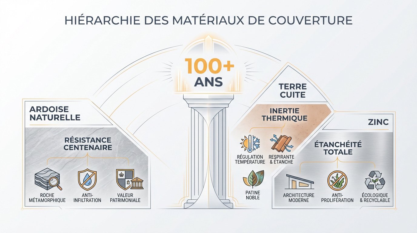 Comparaison de la longévité des matériaux de toiture durables comme l'ardoise et la terre cuite