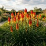 Des dizaines de Kniphofia aux fleurs rouges et jaunes pointues se dressent dans un jardin verdoyant avec un chemin de pierre.