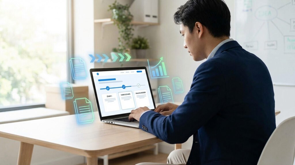 Man in smart casual attire uses a laptop displaying an online business setup interface with holographic legal documents, financial graphs, and process arrows.