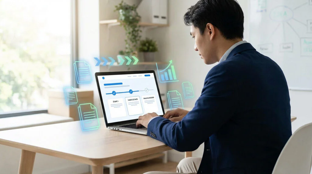 Man in smart casual attire uses a laptop displaying an online business setup interface with holographic legal documents, financial graphs, and process arrows.
