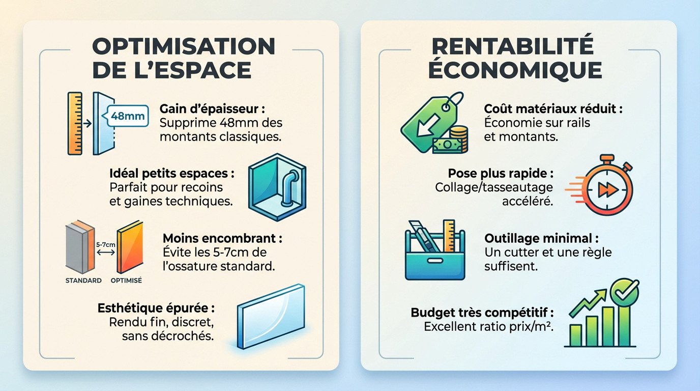 Comparaison de l'épaisseur d'un coffrage placo avec et sans rail métallique