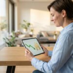 Femme souriante consultant une tablette affichant une icône de maison et une flèche verte descendante, symbolisant des économies pour son assurance emprunteur.