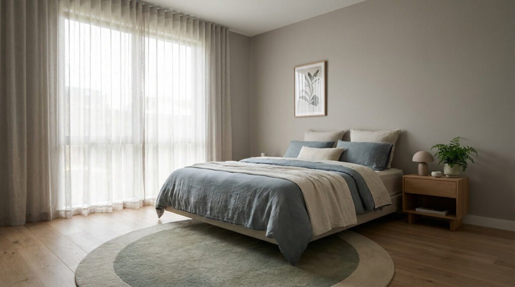 A serene bedroom with muted blue and beige linen bedding. Soft natural light illuminates a wooden bedside table with a lamp and plant.