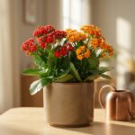 A vibrant Kalanchoe plant with red and orange blooms in a ceramic pot, beside a copper watering can on a sunlit wooden table.